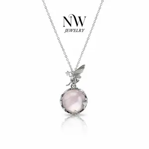 Fairy Butterfly Pendant Necklace with Natural Rose Quartz Playful Rotating Bead Whimsical Feminine Design Christmas Gift