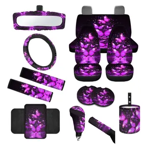 Purple&Pink Butterfly Pattern Design Car Accessory Kit: Soft Polyester Seat Covers Set , Steering Wheel Protector, Armrest Cushion, Shoulder Belt Pads ,durable Fathion Vehicle Inter Decoration for All Season Great Gift for Friends automotive decor
