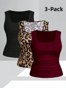 Plus Size Square Neck Sleeveless Tank Top for Women, Waist Ruched Slim Fit Leopard Print Solid Color Versatile Three-Piece Set