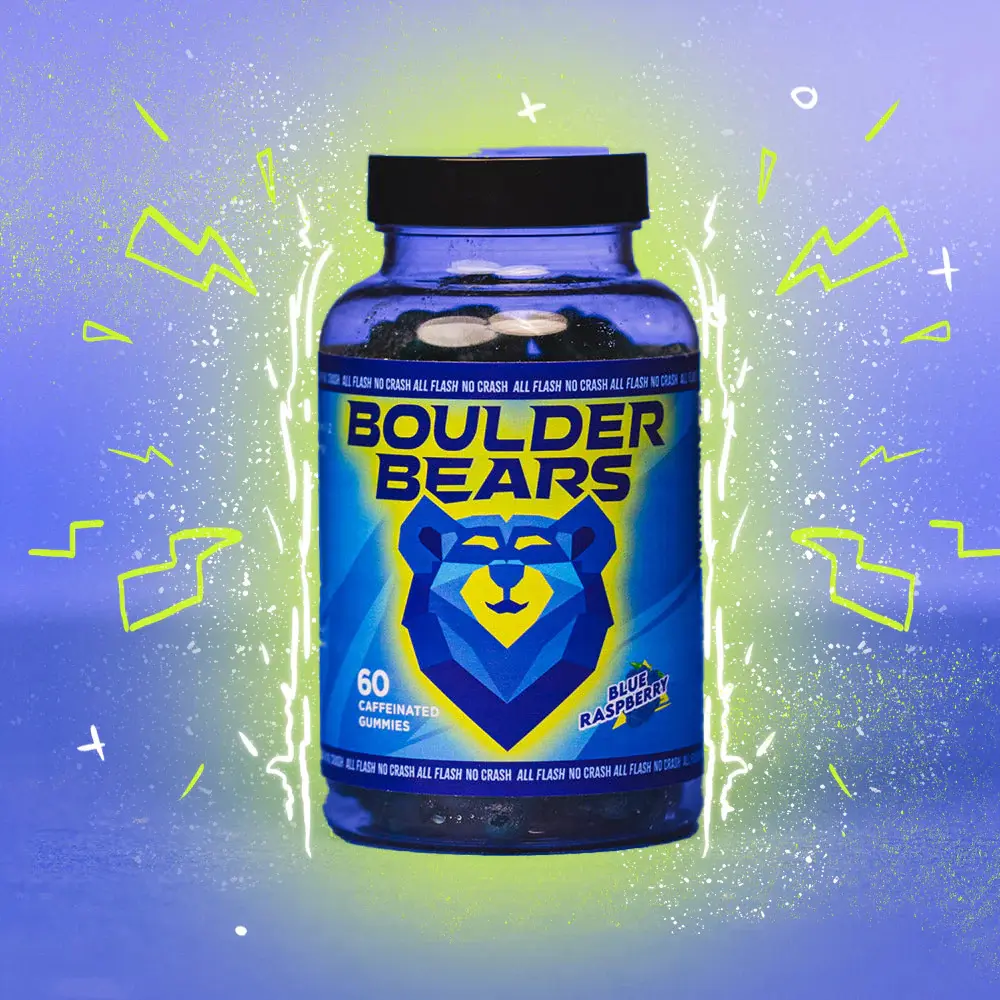 Boulder Bears Gummies - Jar - 60 count - Caffeinated Gummy Bears with Collagen for Climbers - Candy, Coffee Snack