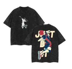Haikyuu Hinata Anime Double Printed Vintage Washed Tee Unisex Oversize Heavyweight Cotton T-shirt for Anime Fans and Lovers