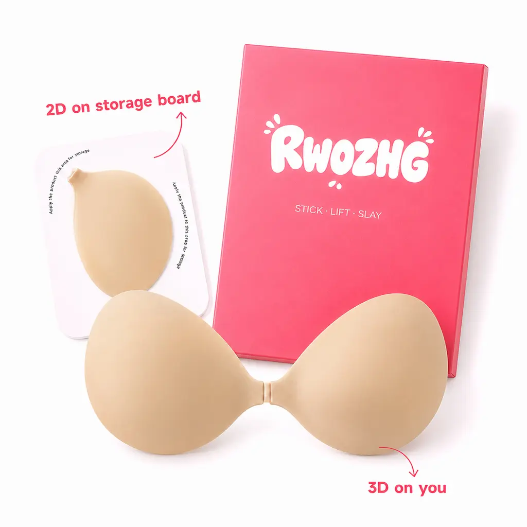 RWOZHG Sticky Bra – Reusable Silicone Adhesive Push Up Bra for Women, Waterproof & Sweatproof Invisible Strapless Bra for Backless Dresses, Includes Storage Board & Replacement Pads