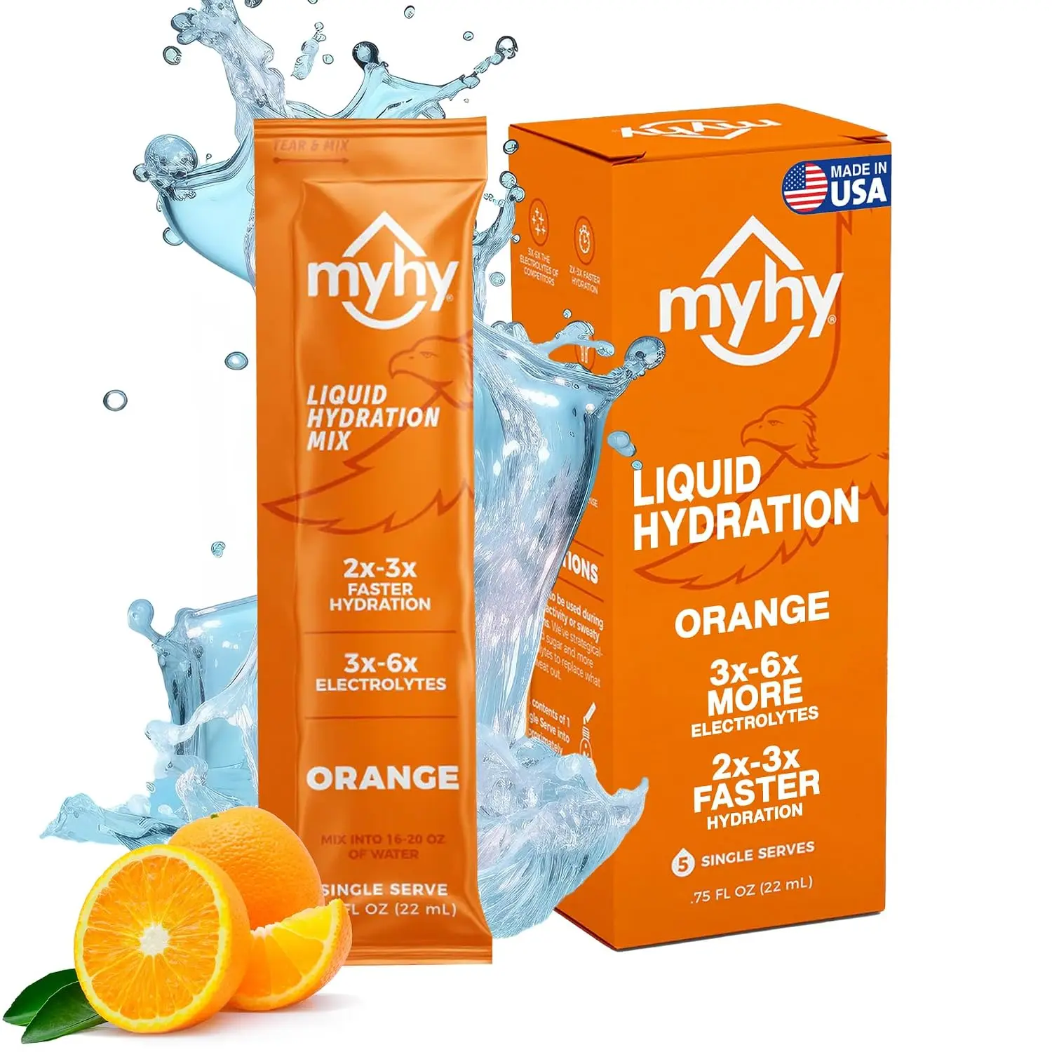 MyHy Electrolyte Hydration Beverage Packets - Single-Serve Orange Flavor, 5 Count - Powder Mix for Active Adults & Kids, Fitness, Daily Travel