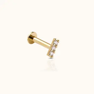 14K Solid Gold Bar Triple CZ Threadless Labret Flat Back Earring