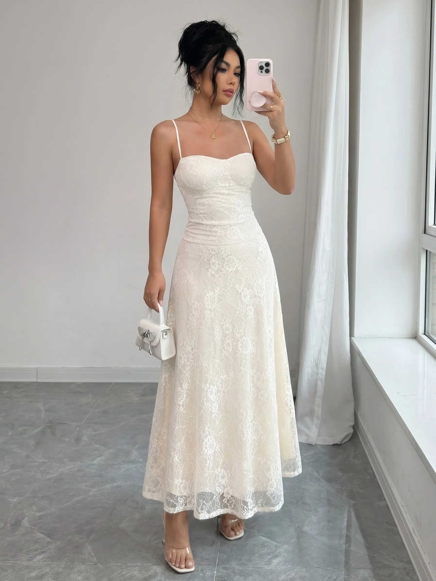 Women’s Solid-Color Floral Lace Spaghetti-Strap Maxi Dress, Summer ...