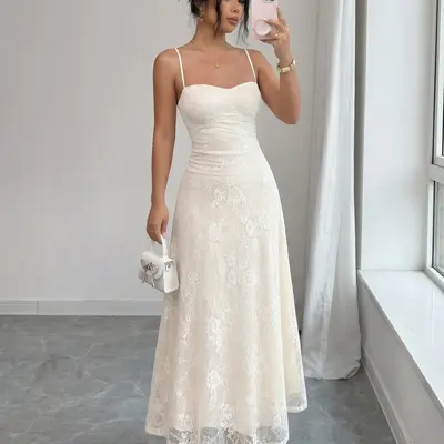 solid lace half sleeve maxi a line dress Olive