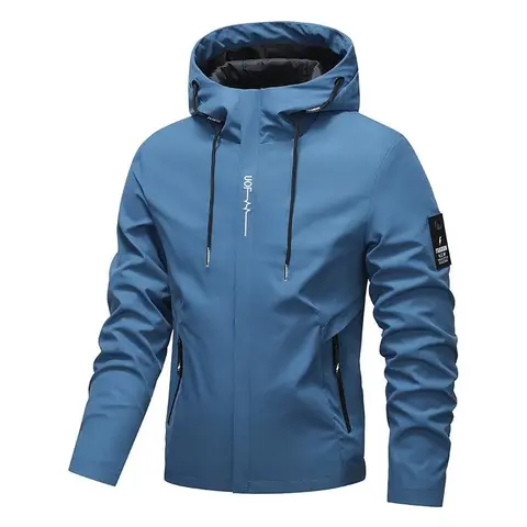 Men's Fitted Slim Drawstring Hoodie Jacket - Waterproof, Windproof, Long Sleeve Zip-Up, Polyester Men's Clothing with Zip-In Pockets, All-Season Outdoor Coat for Autumn/Winter Activities