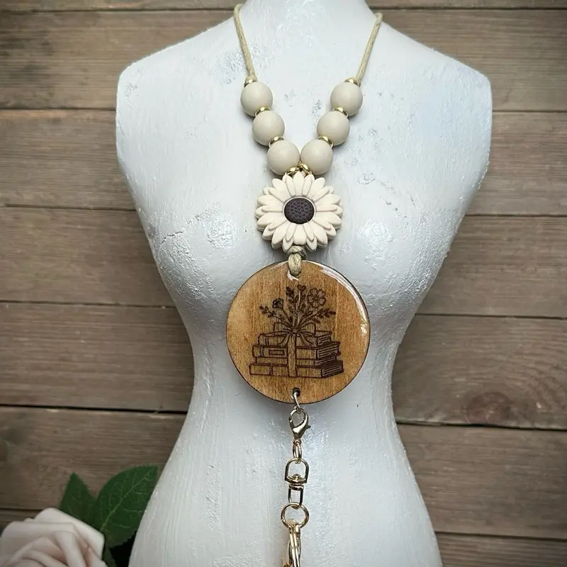 Bookish Beaded Lanyard with Wooden Charm and Sunflower Design for Book Lovers - 20 Inch Breakaway Beaded Lanyard with Resin Wood Emblem