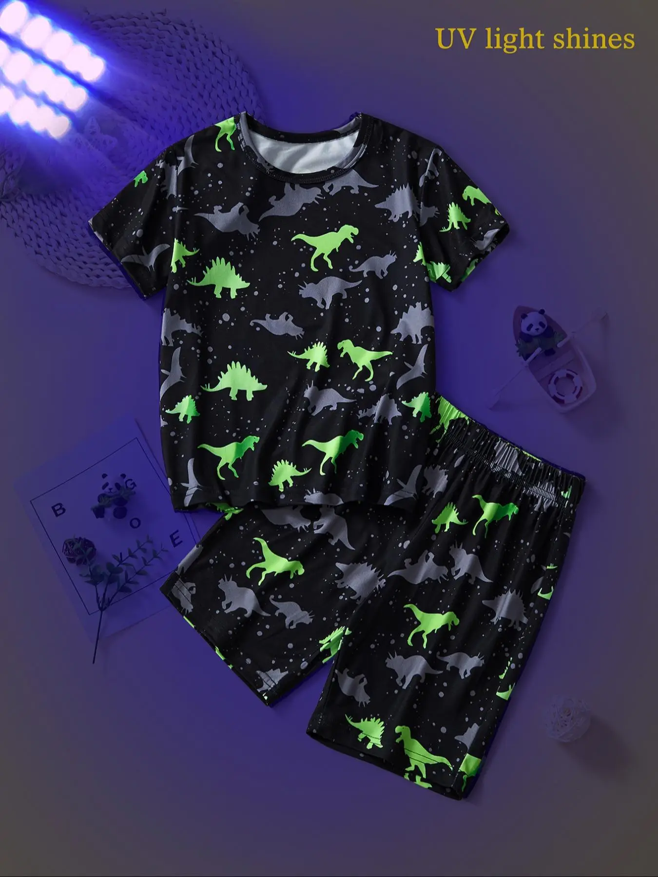 Toddler Boy's Glow in The Dark Dinosaur Print Short Sleeve Tee & Shorts Two-piece Set, Casual Round Neck T-shirt & Elastic Waist Shorts, Summer Outfit