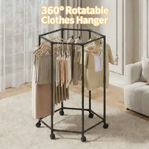 Rotating Clothes Rack with Wheels, Multifunctional Hexagonal Storage Hanger, Space Saving, Easy Assembly, Durable Metal Structure, Hangable