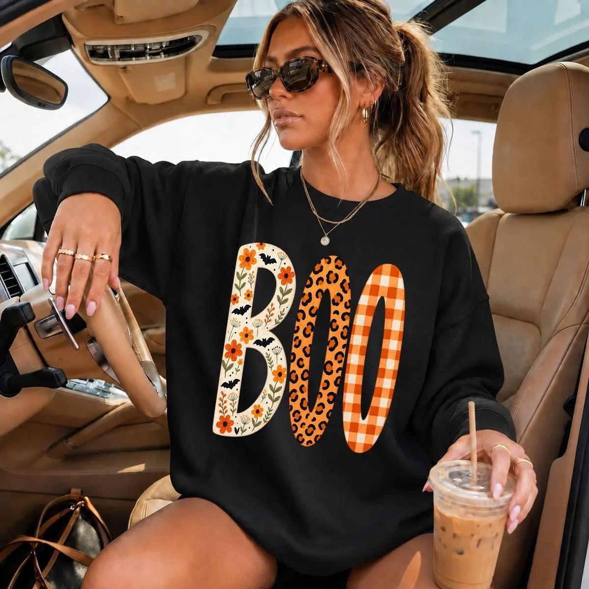 Boo Halloween Sweatshirt, Floral Bat Leopard Print Crewneck, Checkered Spooky Season Pullover, Retro Fall Halloween Sweatshirt, Womenswear Tops, Unisex Long Sleeve Crewneck Shirt-TGT