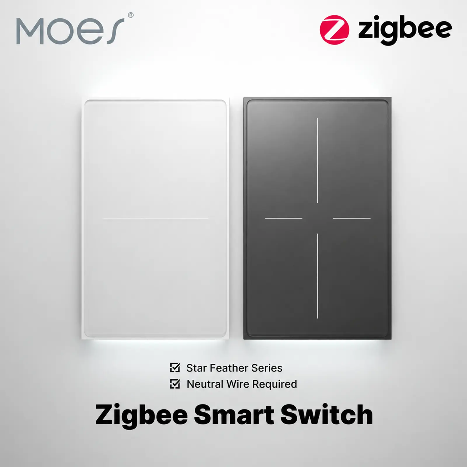 MOES SF Series US 1/2/3/4 Gang Zigbee Modern Wireless Touch Control Wall Light Switch - Alexa & Google Assistant Voice Control, Automatic On/Off Scheduling, Easy Installation, White & Gray Options, Modern Wall Light Switches, Wireless Switch Wall Light Sw