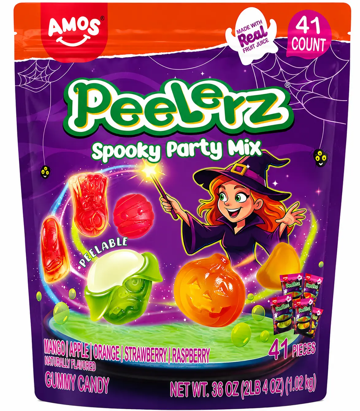 AMOS Peelerz Spooky Party Mix Peelable Gummy Candy, 41 Count, 36 oz – Mango, Raspberry, Apple, Orange & Strawberry, Halloween Party Candy Made with Real Fruit Juice
