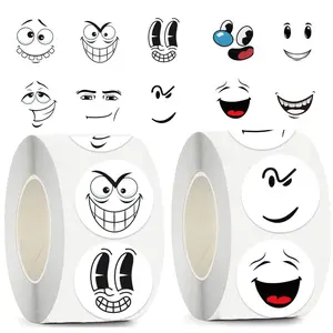 500 pieces/roll round black and white minimalist smiley face series roll stickers, decorative waterproof PVC stickers for phone cases, water bottles