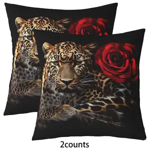 Leopard & Rose Pattern Cushion Cover, 2 Counts Square Throw Pillow Cover without Filler, Home Decoration for Living Room Bedroom Sofa Couch