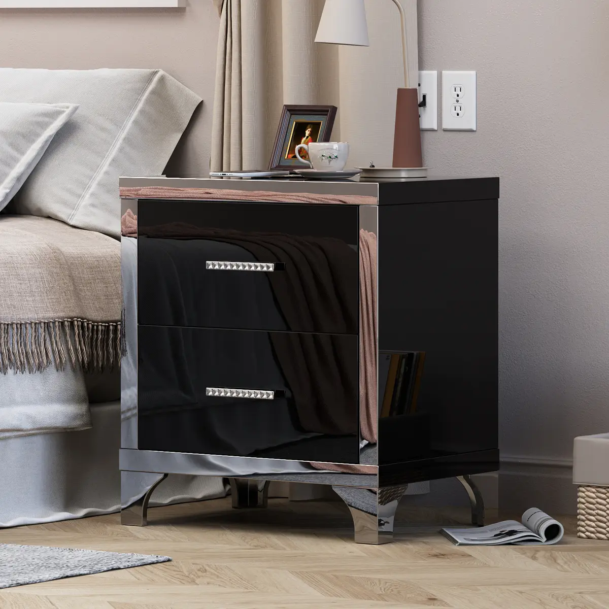 Black Mirrored 2-Drawer Nightstand with High-Gloss Finish and Metal Handles, Indoor Storage Side Table for Bedroom, Living Room