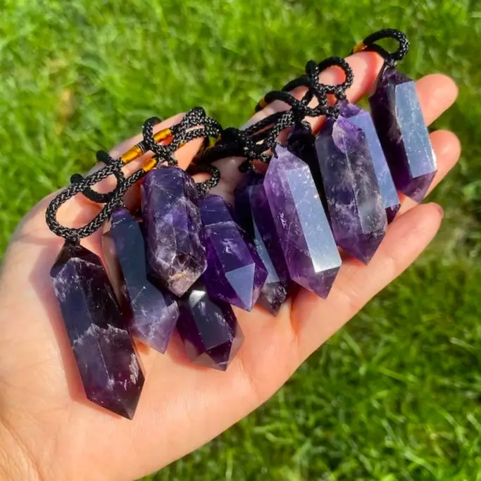 Natural Raw Amethyst Hexagon Shape Pendant Necklace Healing Protection Strength Healing Crystal Pendant Necklaces For Him Her Gift