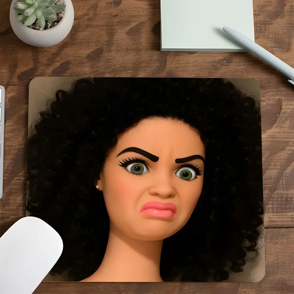Dark Curly Hair Angry Doll Meme Square Gaming Mouse Pad, Computer Mouse Pad, Y2K 90s Retro Dramatic Design, Aesthetic Desktop Decor, Non-Slip Rubber Mousepad with Stitched Edge, Small Mouse Pad for Laptop PC Gaming Work, Gift for Meme & Y2K Fans