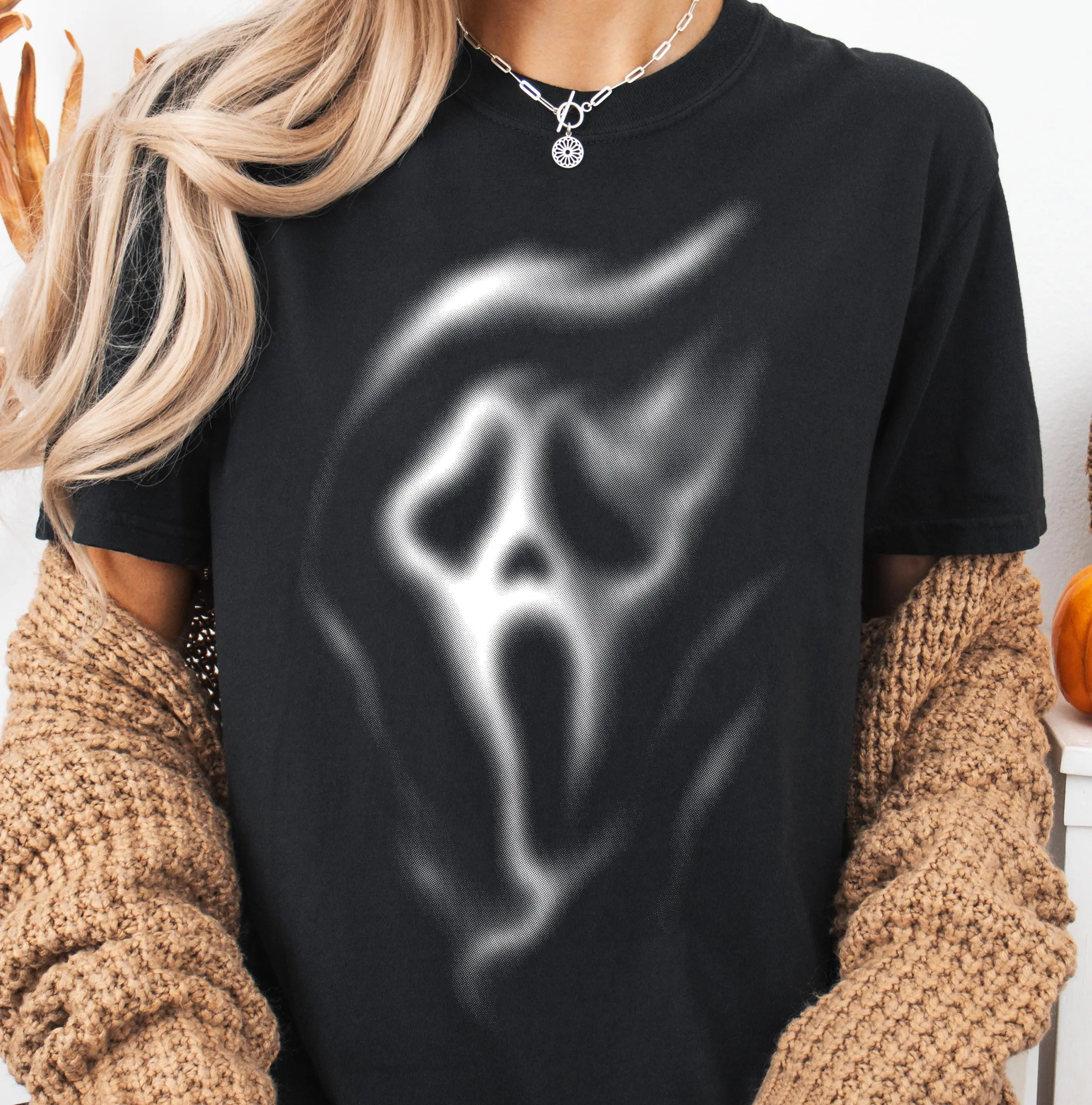 Comfort Colors Ghost Skull Blur Halftone Sweatshirt, Horror Film Halloween Aesthetic, Scary Killer Night Tee, Creepy Halftone Streetwear Graphic Tee