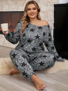 Women's Plus Size Casual Sleepwear Set, Long Sleeve Tie Dye and Star Print Top, Two-Piece Loungewear for Spring & Fall