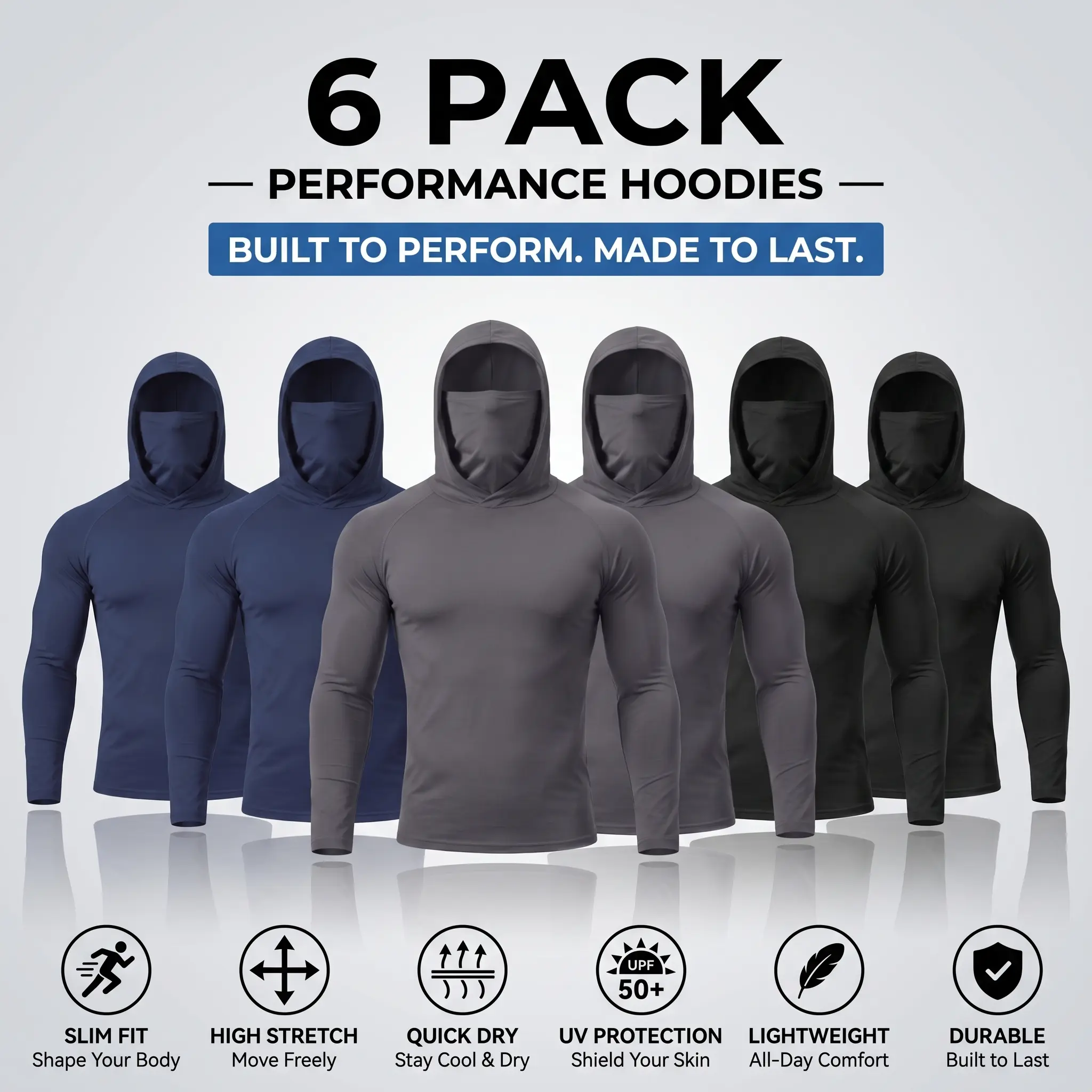Men’s 6-Pack Hooded Work Shirts with Built-in Face Cover, Breathable Lightweight Long-Sleeve Quick-Dry Performance Tops for Outdoor Work, Construction, Breatheable