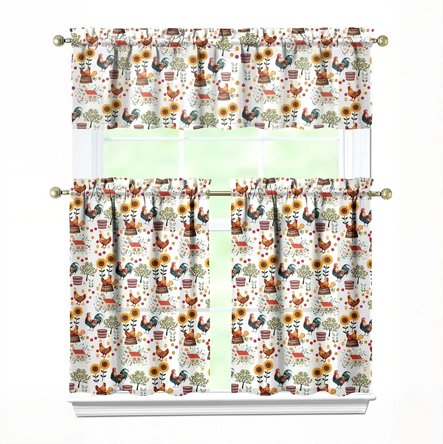 3 Piece Chicken Kitchen Curtains and Valances Set for Windows Rooster Kitchen Window Curtains Over Sink Decor 27.5x36 in