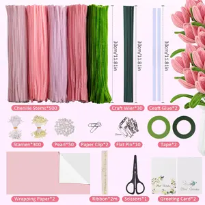 Set of 500 Complete DIY Bouquet Set with Chenille Stems, Craft Wire, Stamen, Tape, Ribbon & More, Pipe Cleaners Craft Kit for Flower Making, Arts, Handmade Gifts & Decorations
