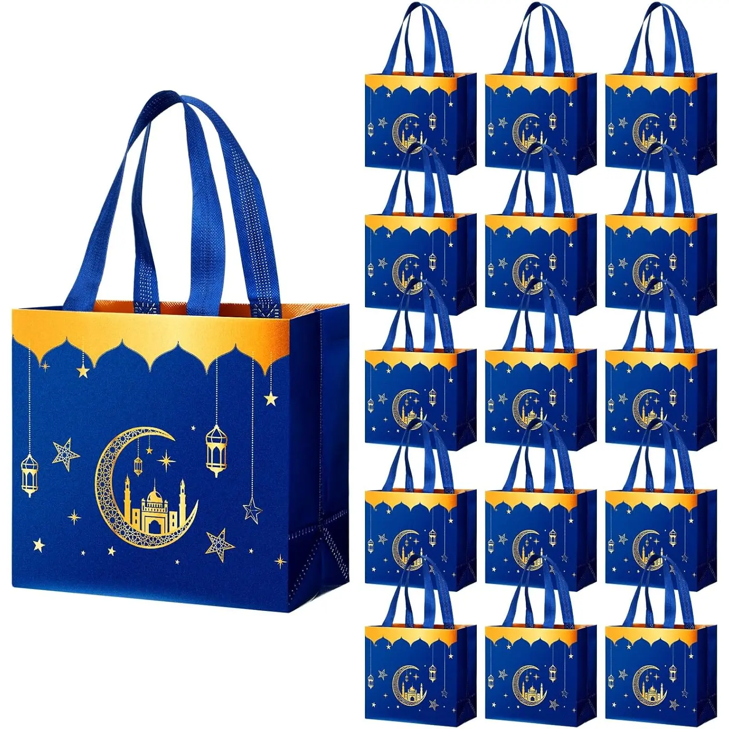 Resurhang 16 Pcs Eid Al Adha Party Reusable Gift Bags with Handles, Muslim Treat Bags Non Woven Ramadan Goodie Bags for Eid Al Adha Party Muslim Party Supplies(Blue) Resurhang
