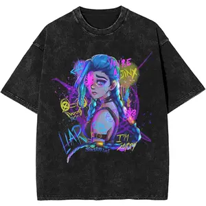 valentine shirts Jinx Arcane Outfit Washed T Shirt for Men Women Streetwear Hip Hop T-Shirt Summer Tees Tops Cotton