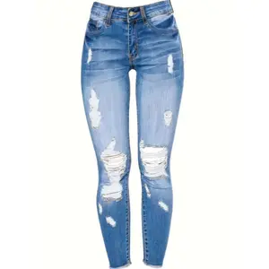Women's Stretchy Ripped Hole Skinny Jeans Butt Lifting Distressed Denim Pants with Pockets Trousers Womenswear BottomGift