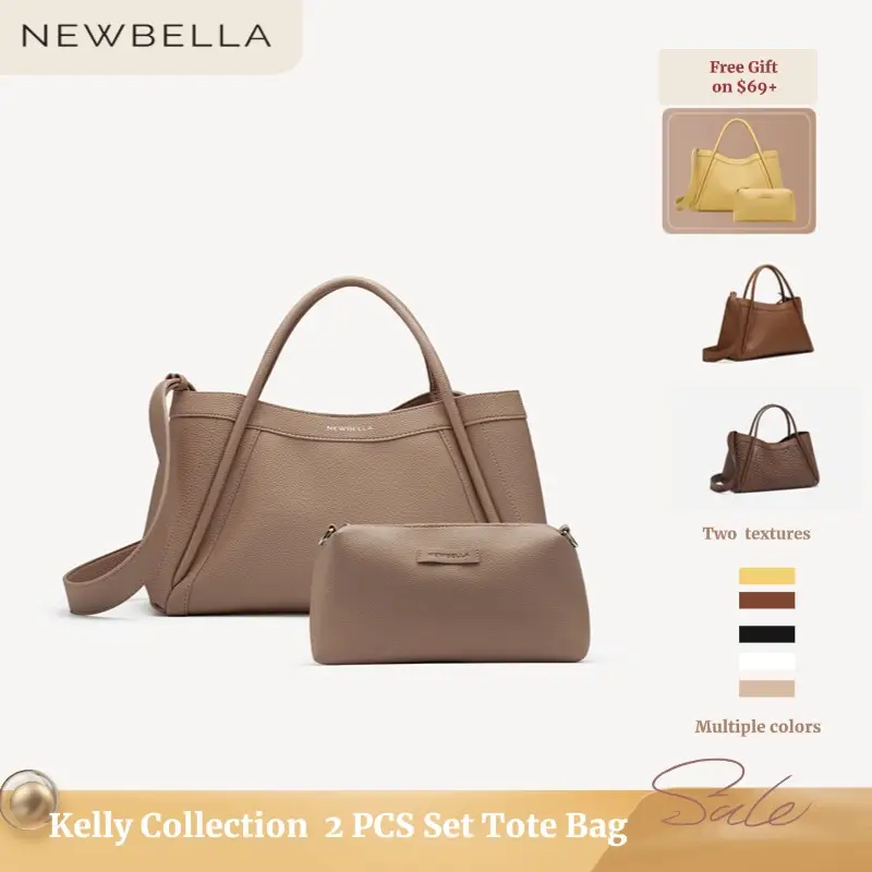 Newbella Kelly M Size 2 PCS Set Tote Bag PU Leather/Crossbody Bag ,Buckle Closure, Accessory Fashion Luxury Style,outdoorfun Adjustable Shoulder Strap