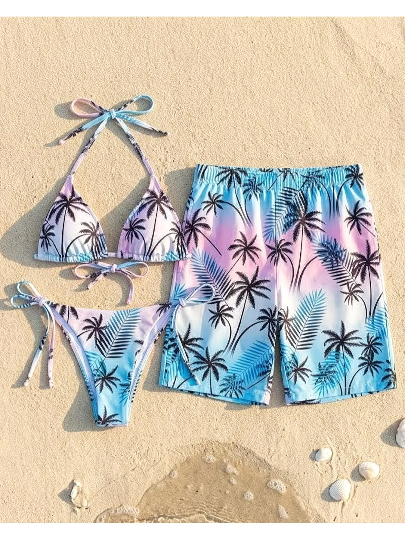 Couple's Tropical Matching Swimwear, Aesthetic Palm Beach Style, Anniversary Gift for Couples, Hawaiian Style Bikini Shorts Set