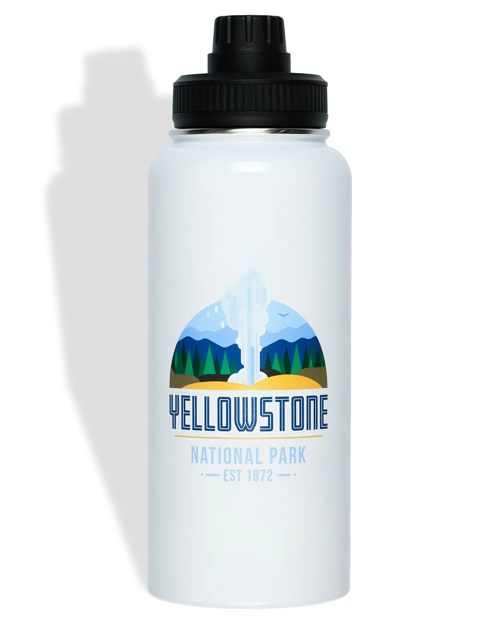 32oz Yellowstone National Park Printed Stainless Steel Water Bottle, Double-Wall Insulated, Portable, Lid-Included, Loop-Attached, Reusable with Liquid Preservation