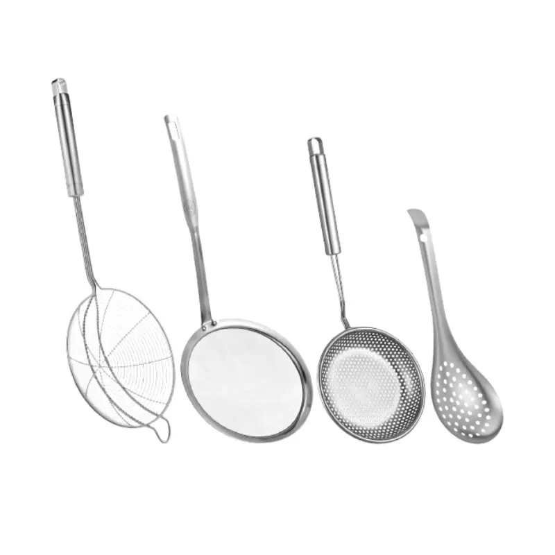 4-pcs stainless steel kitchen filter spoon set, suitable for noodles, dumplings, and fried foods, suitable for both home and dining, perfect for draining water, skim foam, and filtering soup oil