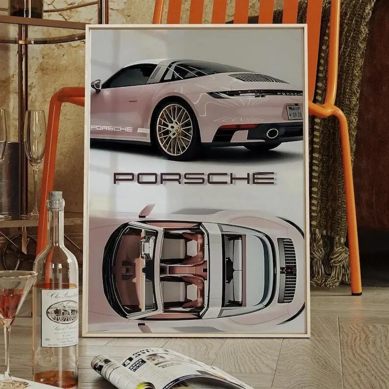 [Up to 65% Off][Free Shipping][No Frame] Pink Porsche 911 Artistic Paper Print Poster, Minimalist Chic Decor, Cool Room Decor, Unique Home Accessory, Wardrobe Accent, Gift for Car Lovers