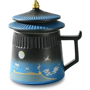 Loose Leaf Tea Cup with Infuser and Lid, 14.8oz Chinese Ceramic Mug with Fine Mesh Strainer, Office Steeping Cup for Tea Lovers Gifts