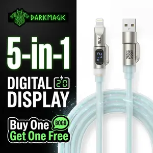Buy one get one free Dark magic 5-in-1 Multi Digital Display 240W Fast Charging super Liquid Silicone Cable with USB A Type C Lightning for iPhone17/Samsung /Android/Laptops Charger