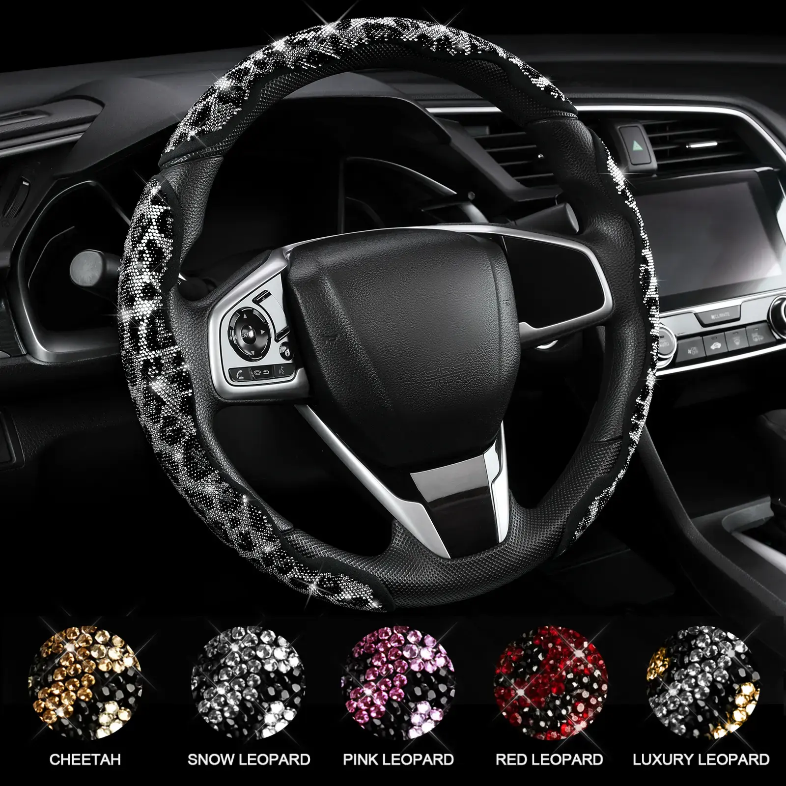 Queen's Land Leopard Universal Steering Wheel Cover with Crystal Rhinestones Diamond Bling Car Cheetah Decor Gift for Girls Women Pink Red Black Leopard Car Accessories for Truck SUV