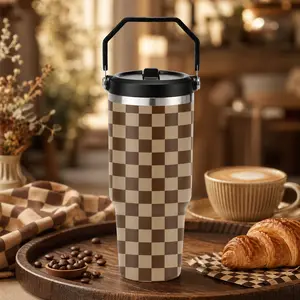 1 Pc 30oz Checkerboard Insulated Mug, Brown Plaid Print Thermal Cup With Handle, Double Wall Leak-proof Vacuum Cup, Keeps Hot 12 Hours Cold 24 Hours, Skinny Travel Tumbler For Coffee, Holiday Gift For Women Men, Car Cup Holder Friendly