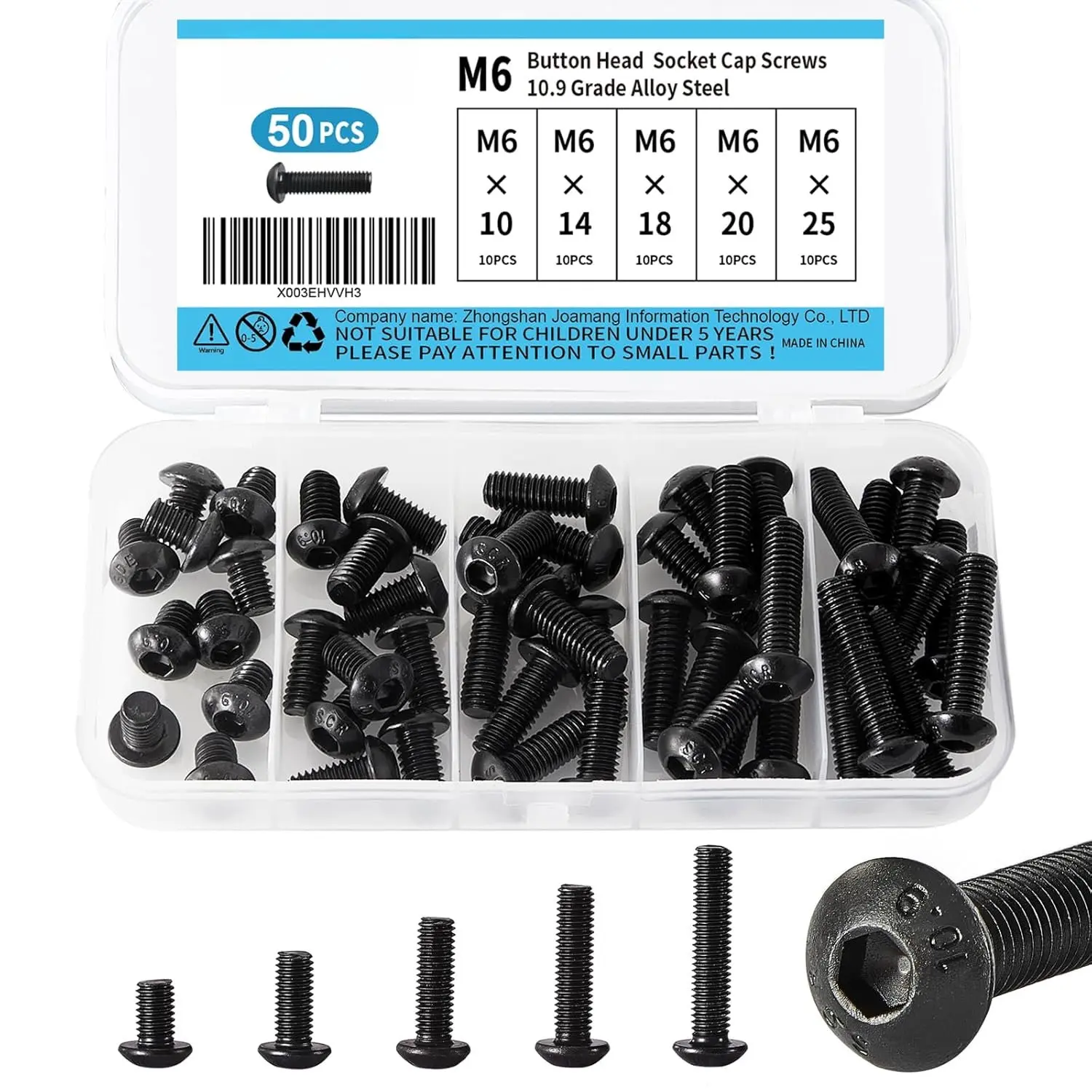 M6 x 10mm 14mm 18mm 20mm 25mm Button  Socket Cap Screws , 10.9 Grade Alloy Steel, Black Oxide Finish, Metric Allen Hex Drive, Fully Threaded, Assortment Kit 50 count