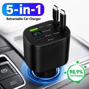5-in-1 Retractable Car Charger Adapter,Upgraded PD 30W Car Charger with Dual USB-C & USB-A Fast Charging Ports,Universal Car Phone Charger Compatible with iPhone and Android, USB Smart Charger