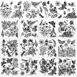 12 Sheet Floral Bird Butterfly Rub on Transfer for Crafts Vintage Black Rub on Transfer Furniture Stickers Decal for DIY Crafts Farmhouse Home Office School Decor, 5.5 x 5.5 Inch