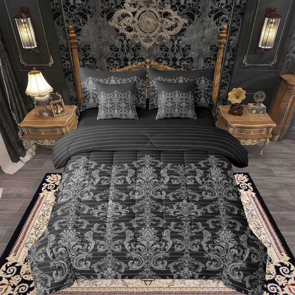 Black Grey Damask Comforter Set with Sheets 7 Piece Antique Victorian Baroque Bedding Set for Kids Boys Girls Gothic Vintage Floral Bed in a Bag Bohemian Exotic Room Decor Soft