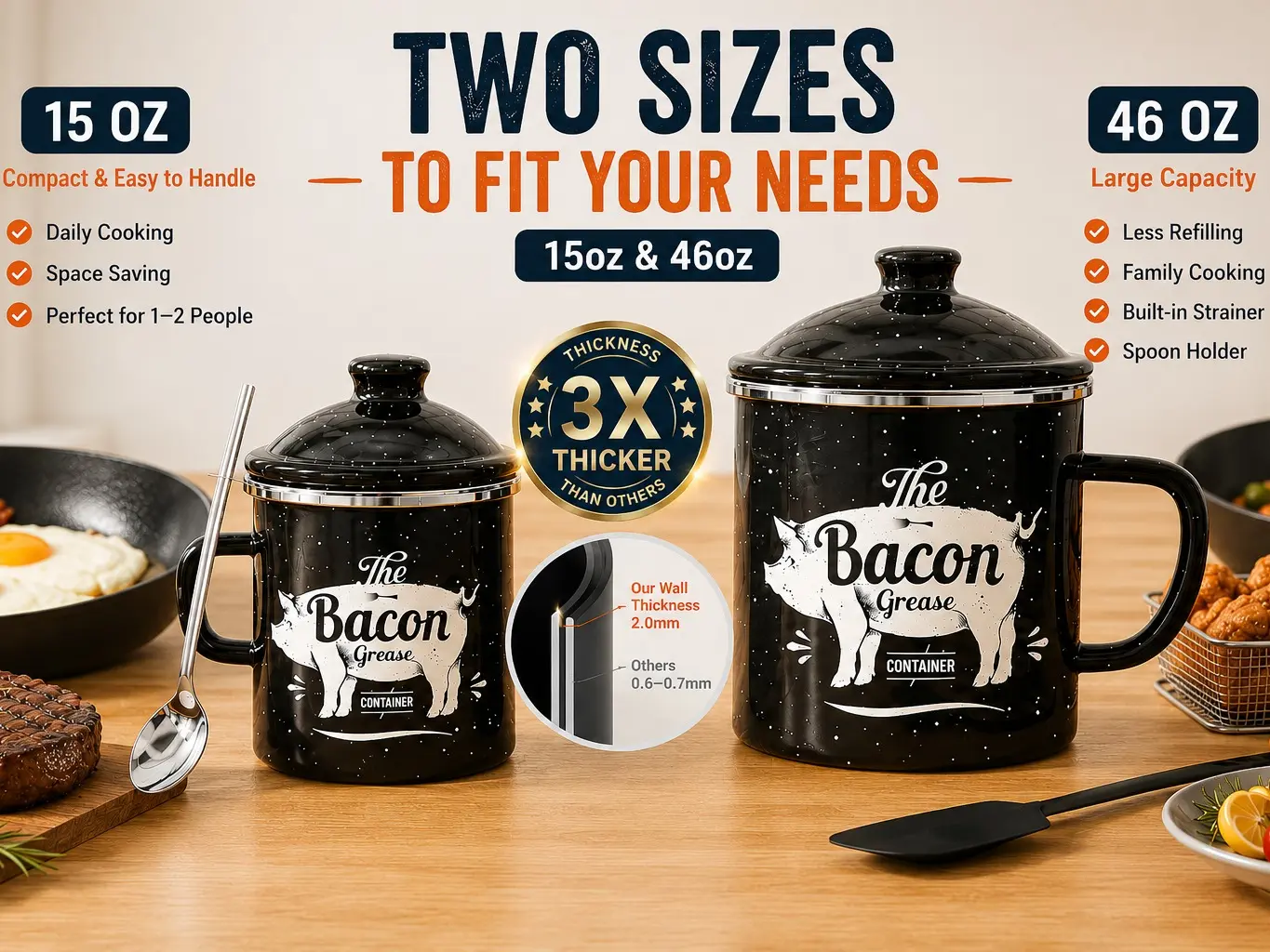 Bacon Grease Container Set - 15/46 OZ Vintage Enamel Grease Container,Grease Saver,Cooking Oil Storage Can Grease Keeper for Kitchen,Dishwasher Safe