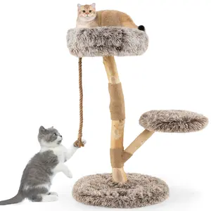 COSTWAY - Modern Wooden Cat Tree Tower with Perch and Natural Jute Scratching Posts-Brown