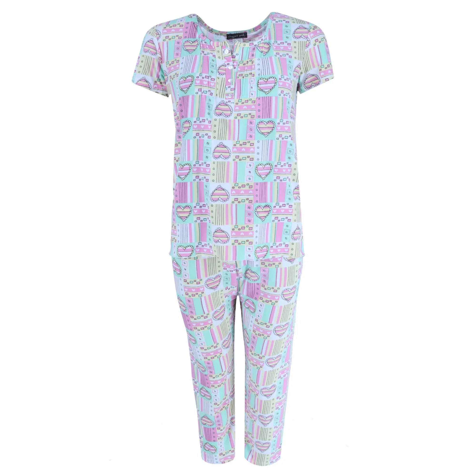 Elegant Emily Women's Plus Size Pajama Set, Lightweight Patchwork Heart Loungewear with Short Sleeve Top and Elastic Capri Pants