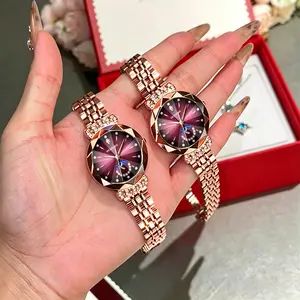VEADONS Luxury Women's Jewelry Watch Diamond Cut Crystal Stainless Steel Case Water Resistant Moon Star Sun Design Elegant Wristwatch Perfect Gift for Her