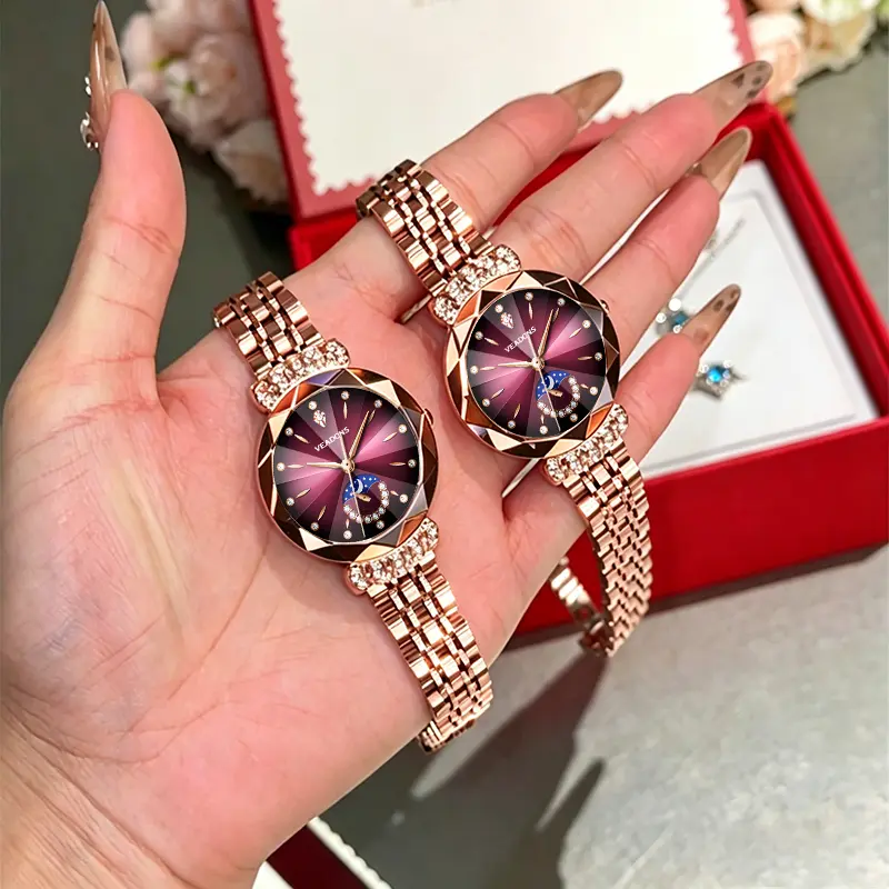 VEADONS Luxury Women's Jewelry Watch Diamond Cut Crystal Stainless Steel Case Water Resistant Moon Star Sun Design Elegant Wristwatch Perfect Gift for Her
