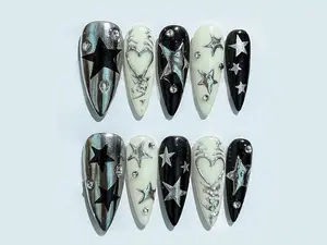 Gothic Star Press On Nails | Handmade Black & White Stiletto Nails | Custom Luxury Metallic Star Nail Set | Y2K, Emo, Almond Nails