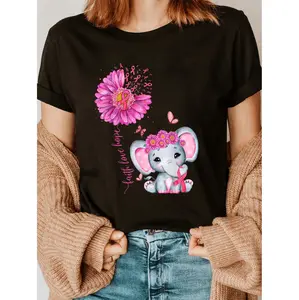 Breast Cancer Awareness Crew Neck Sports Top, Elegant Black Tee with Pink Floral Elephant, Butterfly Design and Inspirational Quote
